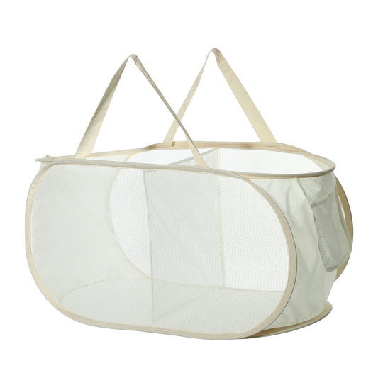 Folding Laundry Basket 2 Compartments Hamper Basket for Bathroom 75L Beige