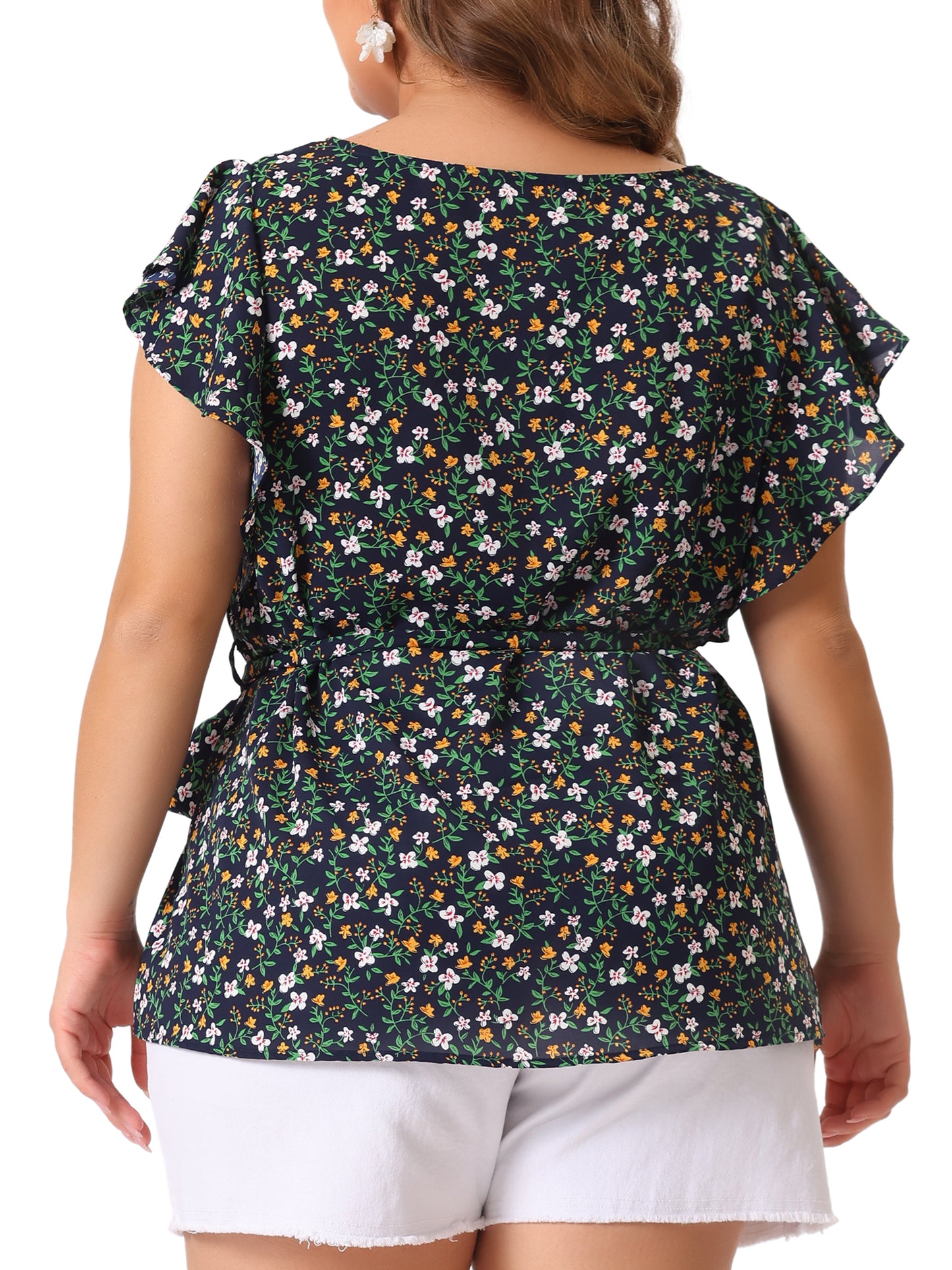 Women's Plus Size Summer Top Floral Tie Waist Short Sleeves Round Neck Blouse