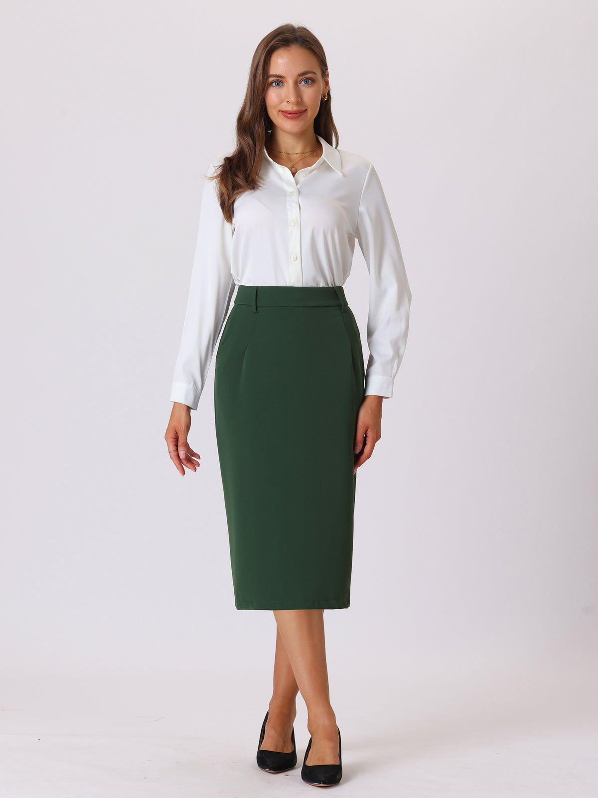 Women's High Waist Split Back Work Midi Pencil Skirt