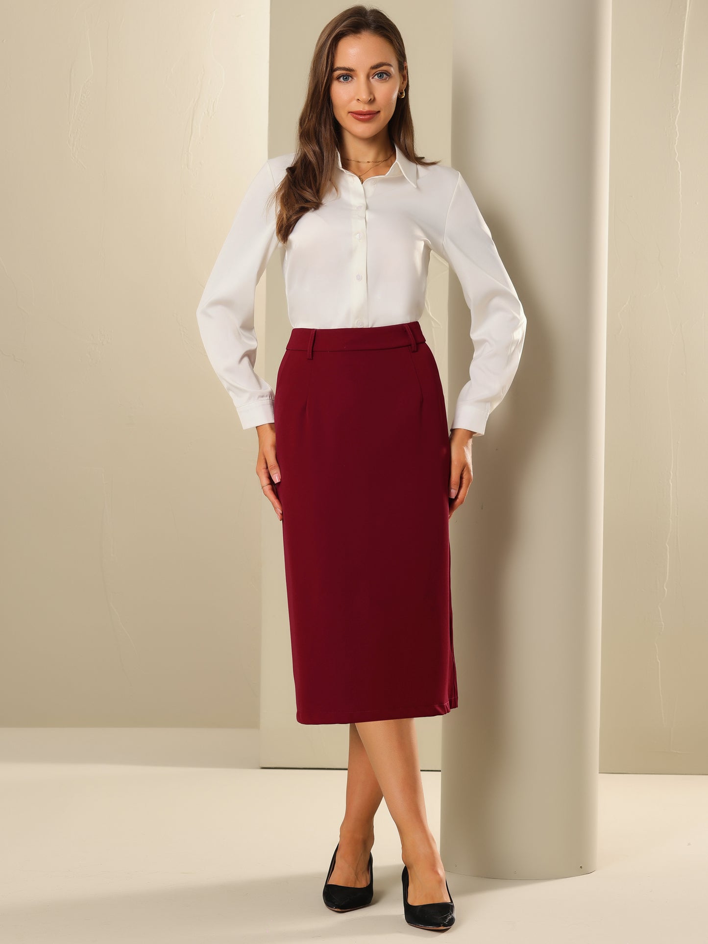 Women's Pencil Skirt High Waist Split Back Work Midi Skirts