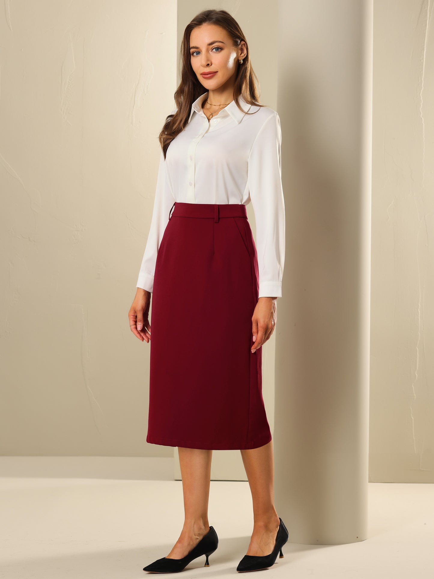 Women's Pencil Skirt High Waist Split Back Work Midi Skirts