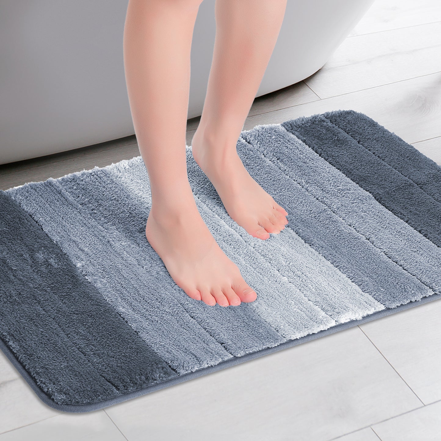 Plush Gradient Striped Bathroom Rug, Microfiber Shaggy Machine Washable Bath Mats