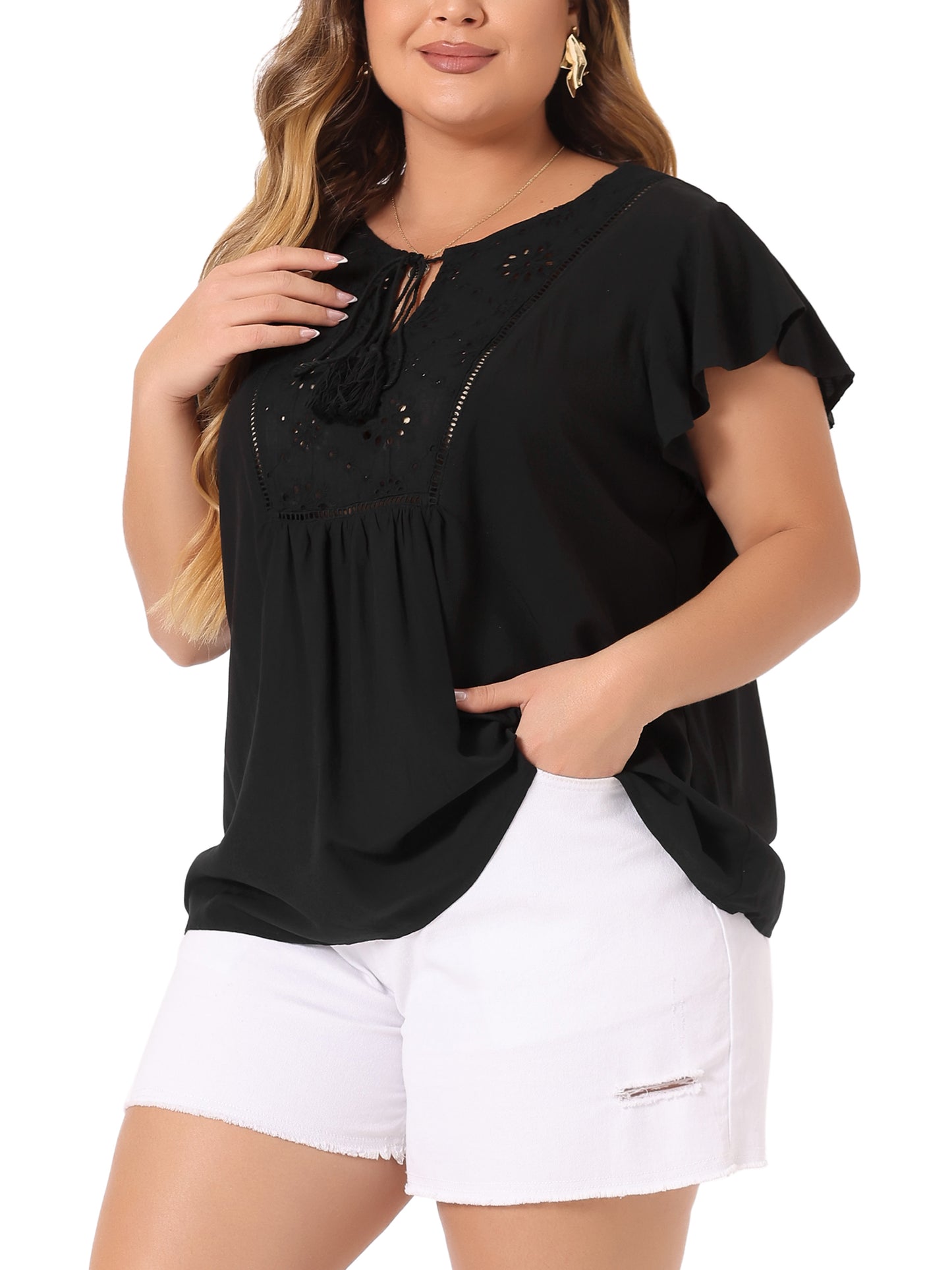 Women's Plus Size Blouse Ruffle Sleeve Peasant Tie Neck Boho Summer Top