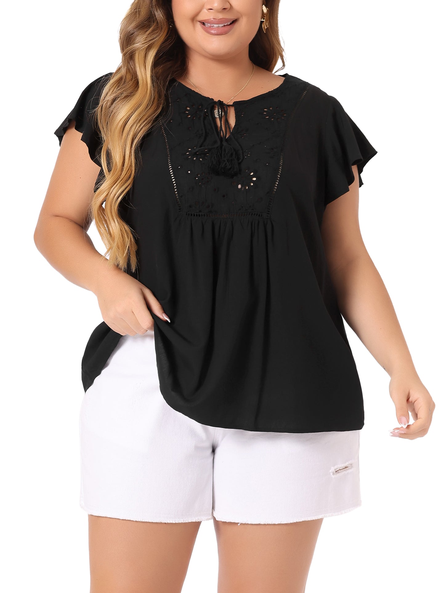 Women's Plus Size Blouse Ruffle Sleeve Peasant Tie Neck Boho Summer Top