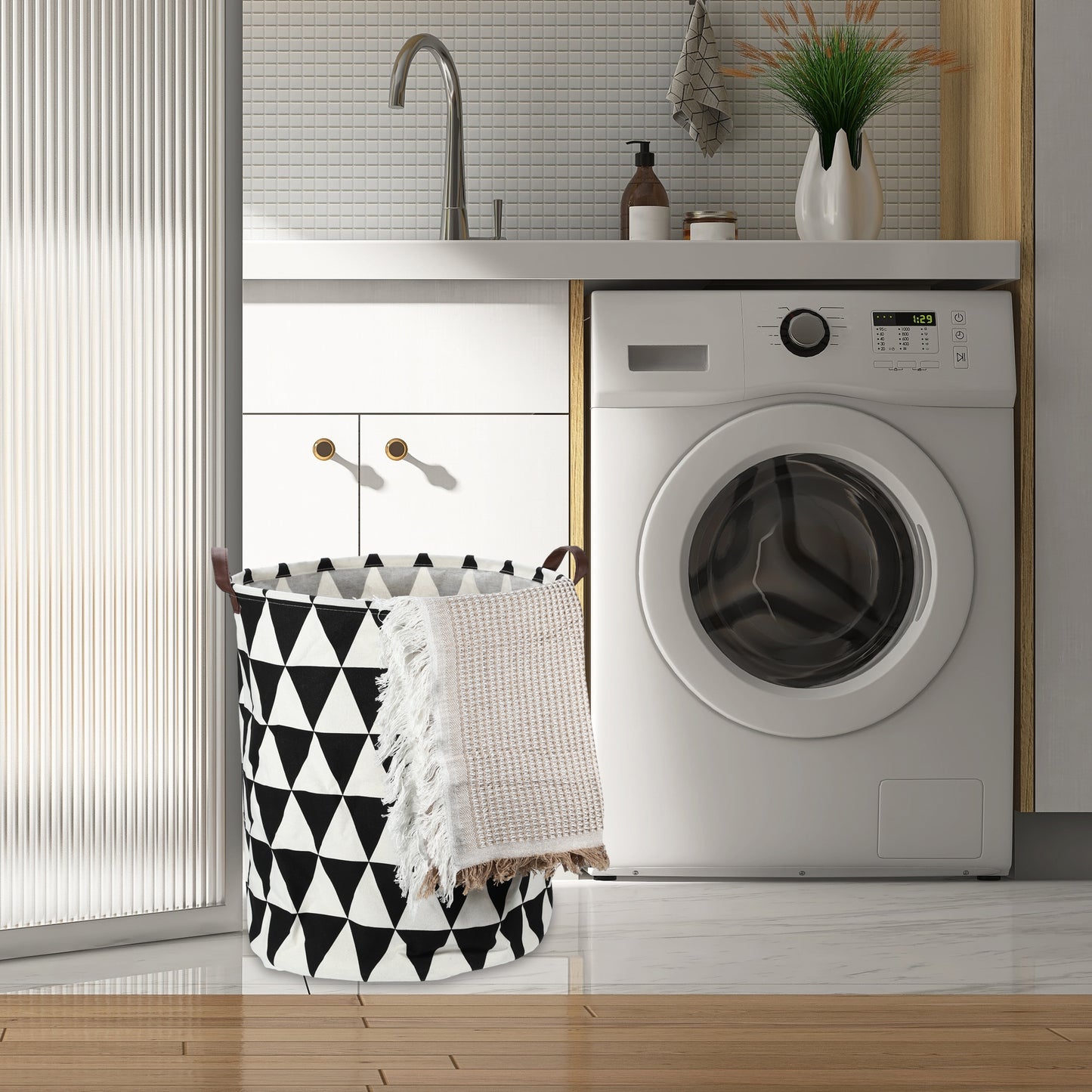 Foldable Cylindrical Laundry Basket for Laundry Room 19.69"x15.75" 60L Black White Triangle