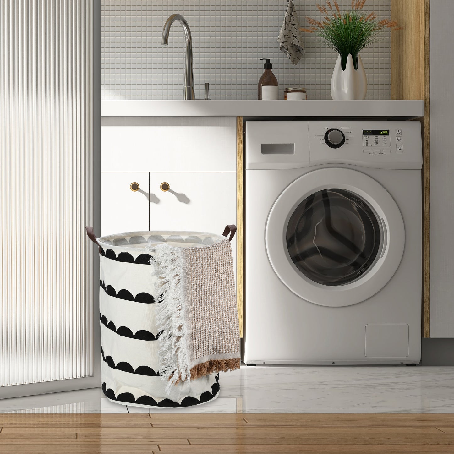 Foldable Cylindrical Laundry Basket for Laundry Room 19.69"x15.75" 60L Black Semicircle