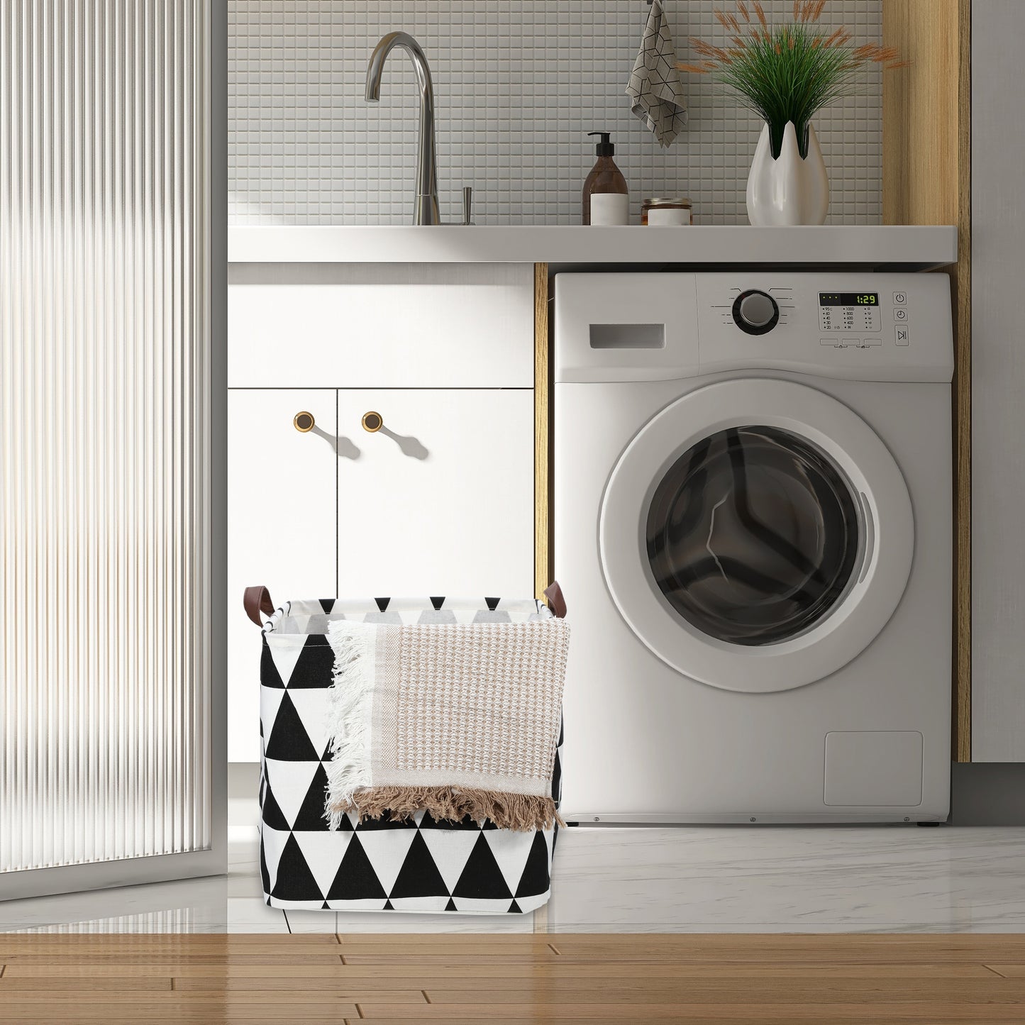 Foldable Square Laundry Basket for Laundry Room 12.60"x12.60"x12.60" 30L Black White Triangle