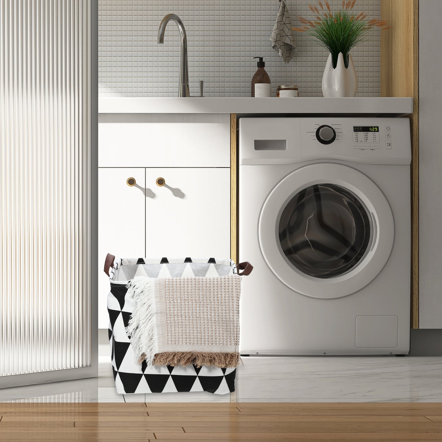 Foldable Square Laundry Basket for Laundry Room 12.60"x12.60"x12.60" 30L Black Triangle