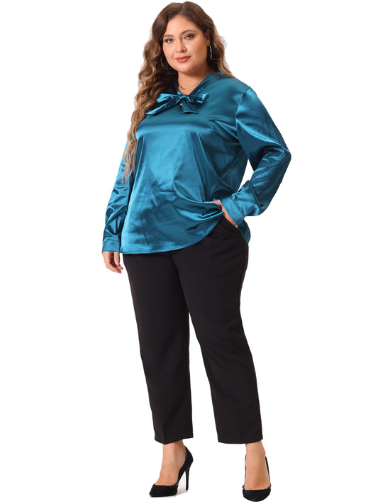 Women Plus Size Blouse Work Office Tie Neck Satin Top Blouse
