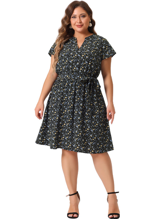 Women's Plus Size V Neck Belted Summer Floral Dresses