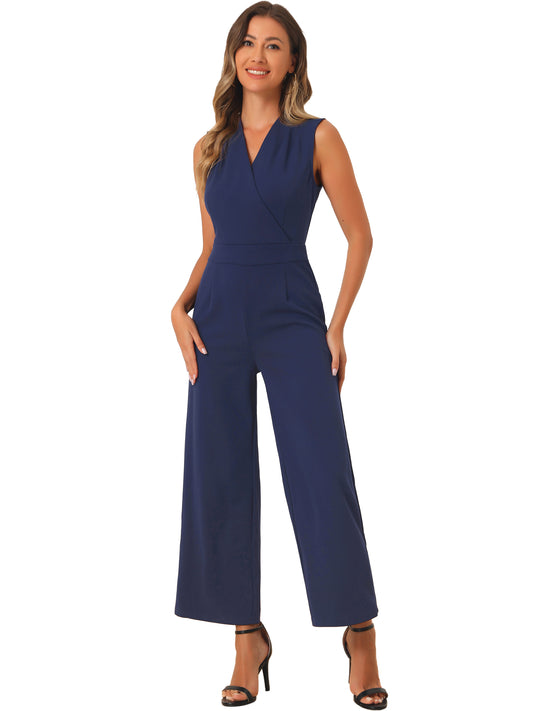 Women's Elegant Jumpsuit V Neck Wrap Front High Waist Wide Leg Long Pants Jumpsuits