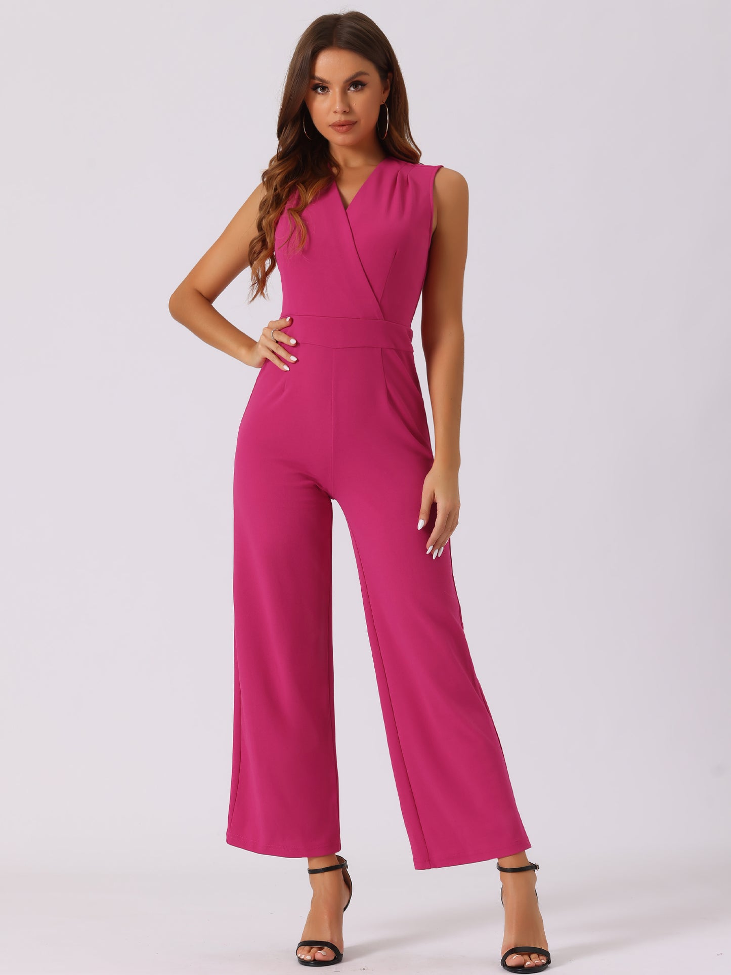 Women's Elegant Jumpsuit V Neck Wrap Front High Waist Wide Leg Long Pants Jumpsuits