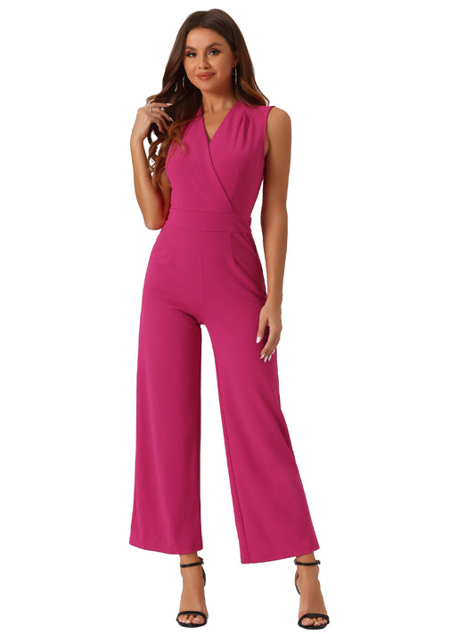 Women's Elegant Jumpsuit V Neck Wrap Front High Waist Wide Leg Long Pants Jumpsuits