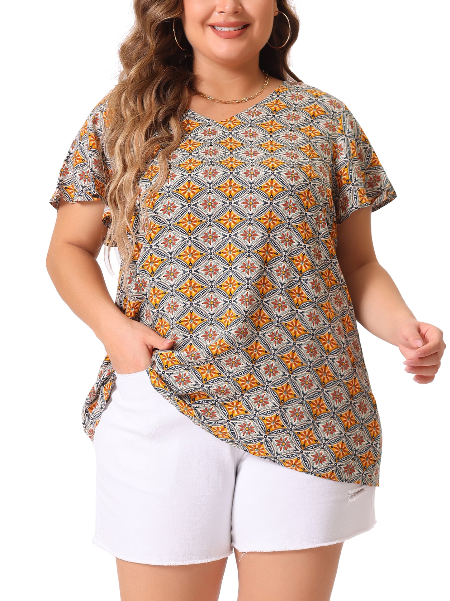 Women Plus Size Top Summer Short Sleeve V Neck Stripe Print Casual Blouse