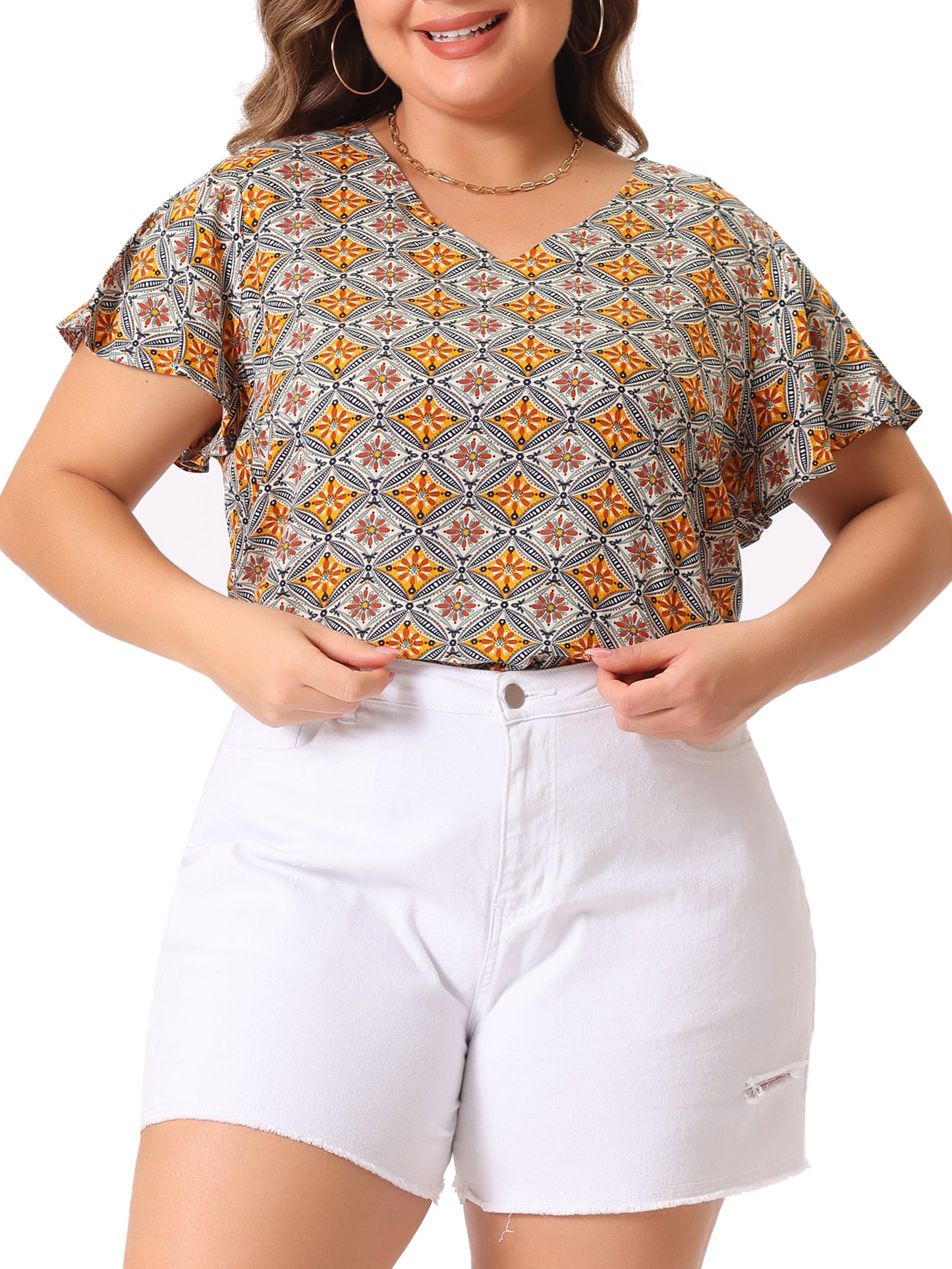 Women Plus Size Top Summer Short Sleeve V Neck Stripe Print Casual Blouse