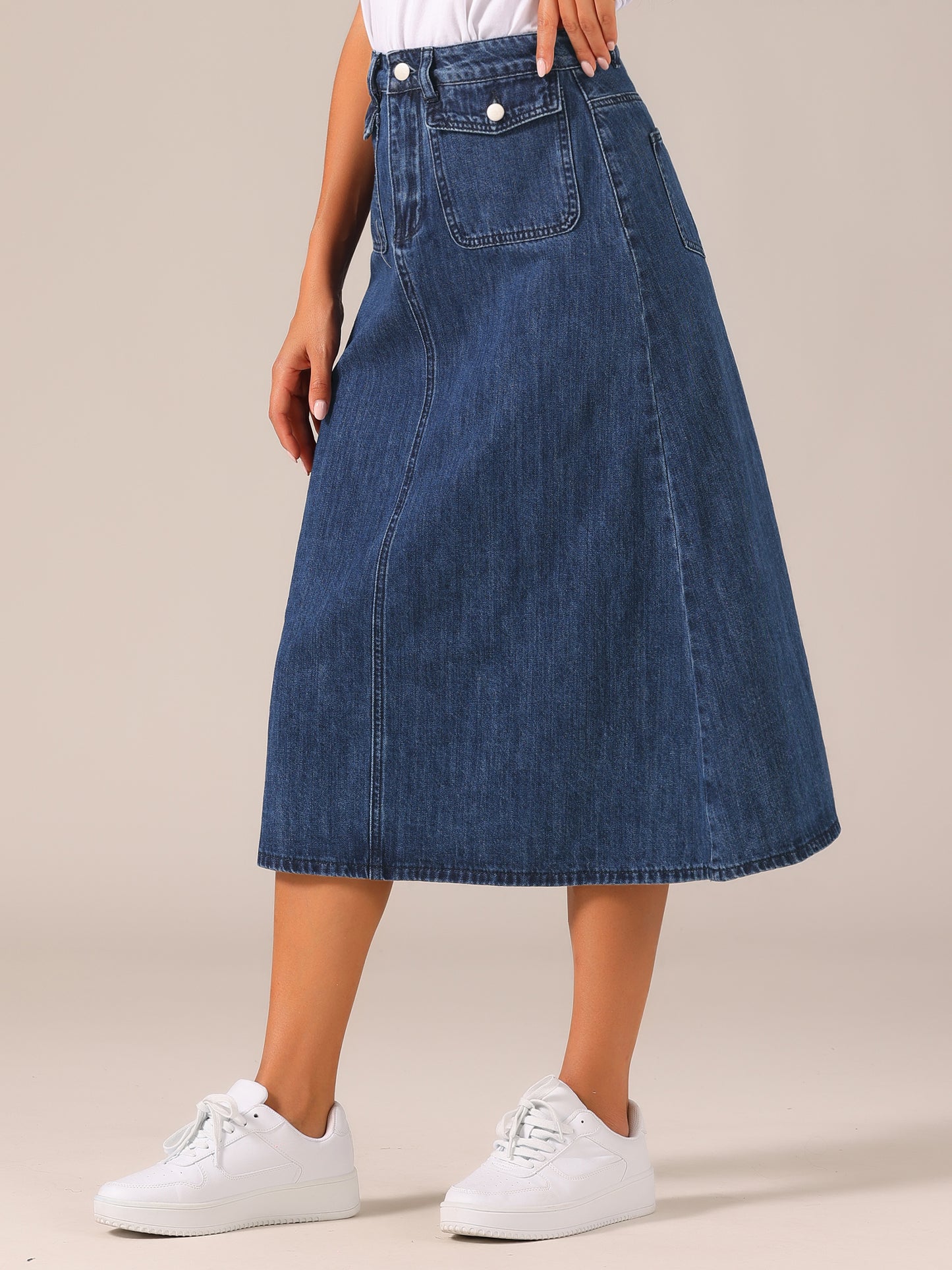 Women's Long Denim Skirt High Waisted Flap Pocket A-Line Jean Skirt