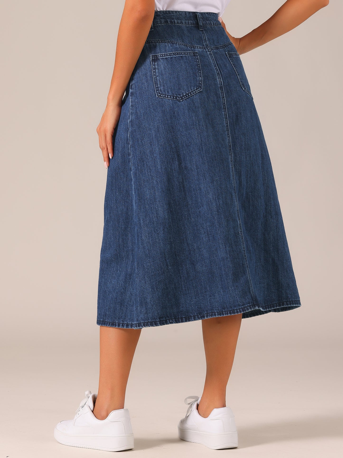 Women's Long Denim Skirt High Waisted Flap Pocket A-Line Jean Skirt