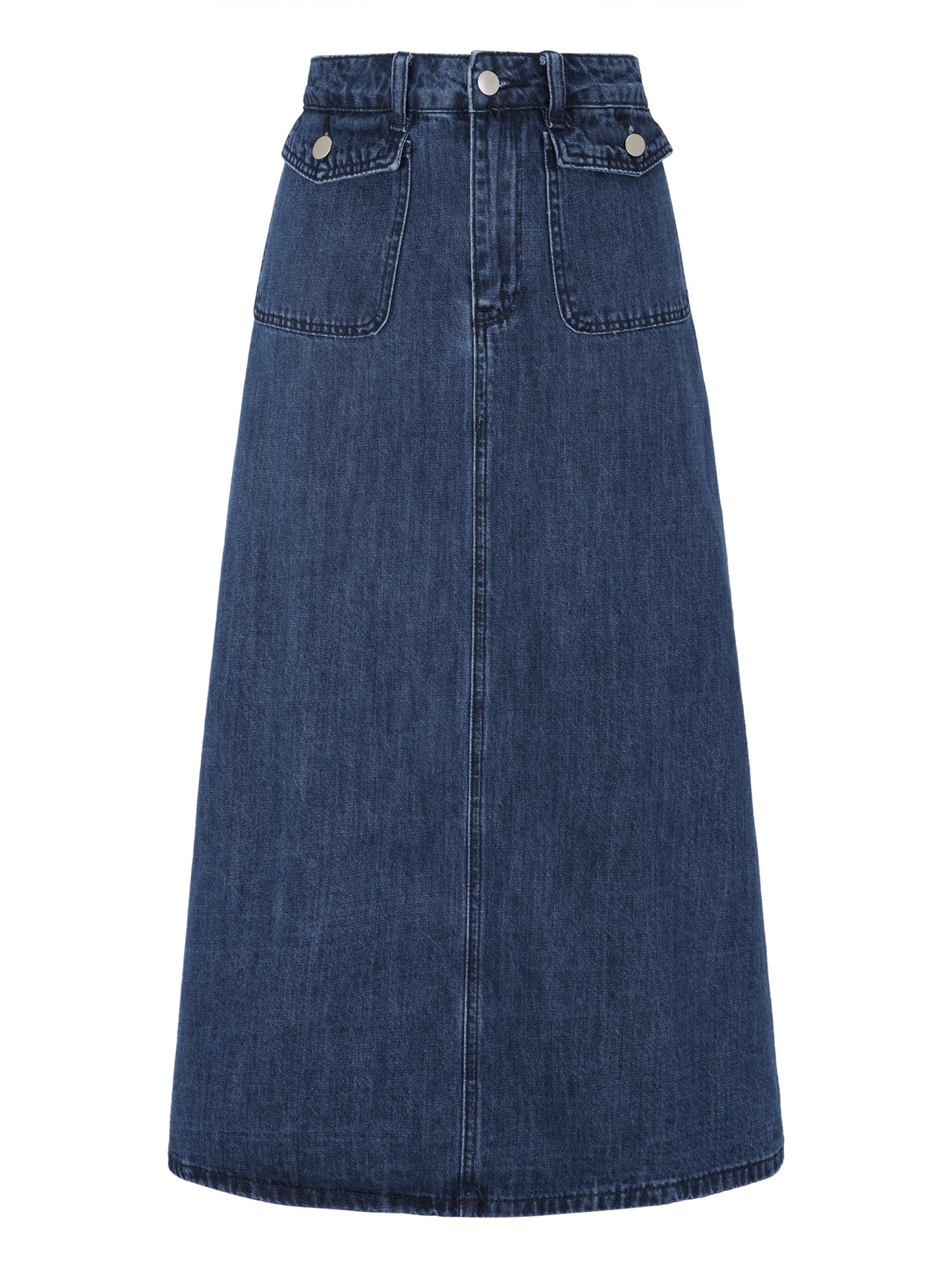 Women's Long Denim Skirt High Waisted Flap Pocket A-Line Jean Skirt