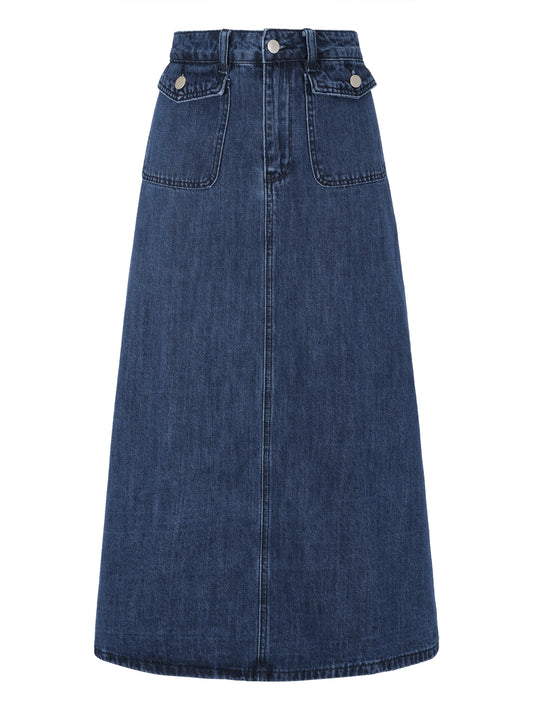 Women's Long Denim Skirt High Waisted Flap Pocket A-Line Jean Skirt