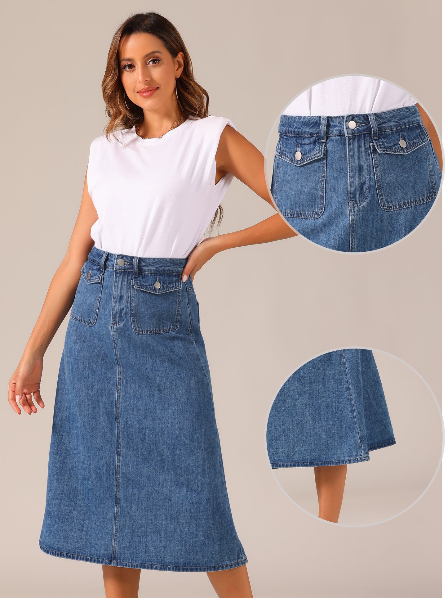 Falda vaquera larga de cintura alta con bolsillo y solapa para mujer