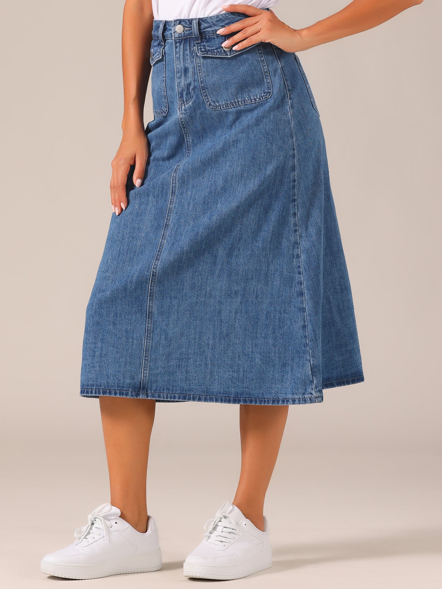 Falda vaquera larga de cintura alta con bolsillo y solapa para mujer