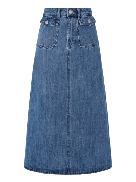 Falda vaquera larga de cintura alta con bolsillo y solapa para mujer