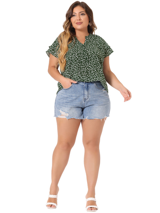Women's Plus Size Top Floral Printed Ruffle Trim V Neck Layered Sleeve Blouse
