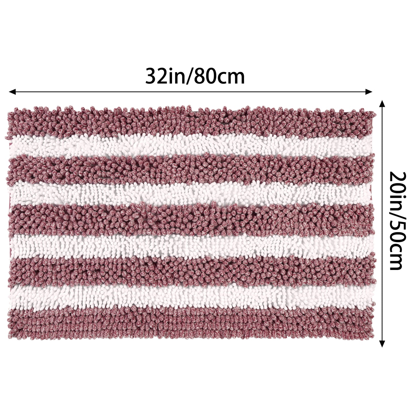 Striped Absorbent Chenille Bath Rugs, Non-Slip Plush Carpet, Machine Washable Bath Mats