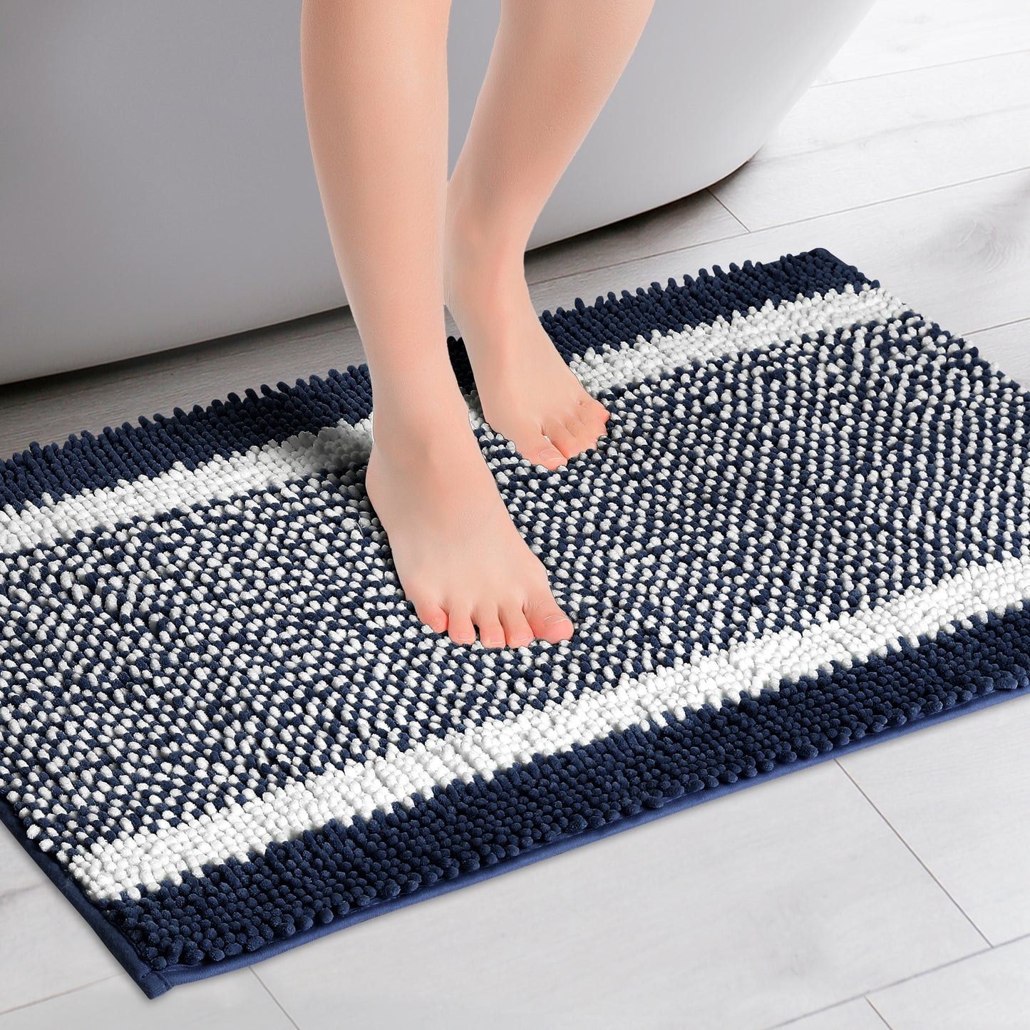Chenille Striped Bathroom Rug Mat, Non-Slip Soft Plush Shaggy Bath Carpet, Machine Washable