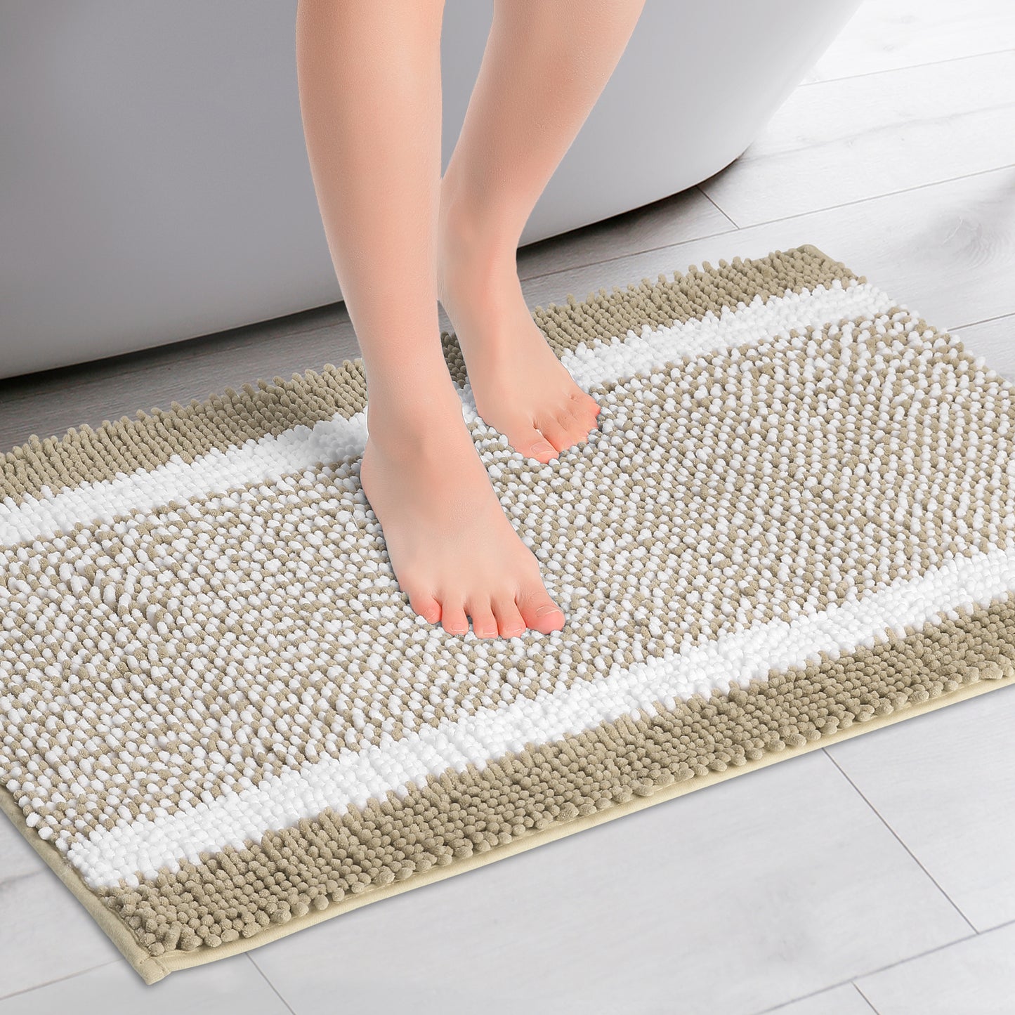 Chenille Striped Bathroom Rug Mat, Non-Slip Soft Plush Shaggy Bath Carpet, Machine Washable