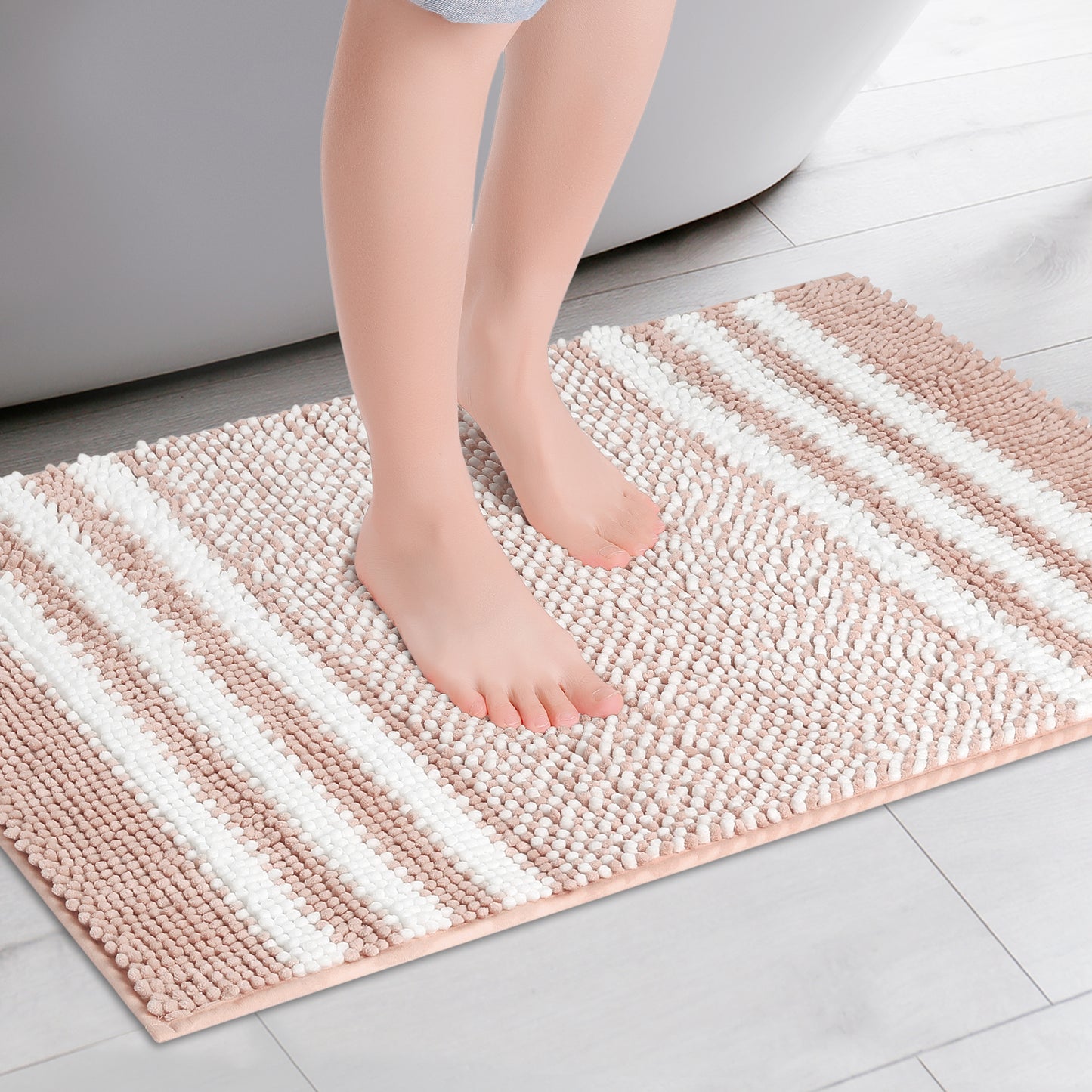 Striped Chenille Bathroom Rug with Edges, Non-Slip Bathroom Floor Mat, Machine Washable
