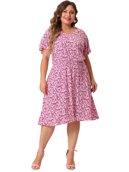 Women Plus Size Summer V Neck Flare Sleeve Sundress Peplum Midi Ruffle Dress