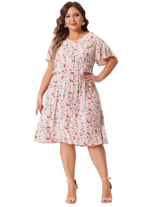 Women Plus Size Summer V Neck Flare Sleeve Sundress Peplum Midi Ruffle Dress