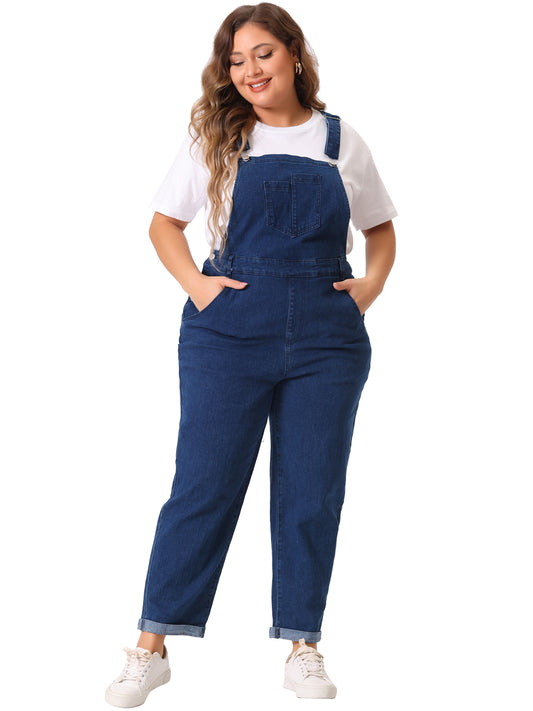 Women's Plus Size Casual Stretch Adjustable Denim Bib Overalls Jeans Pants Jumpsuit