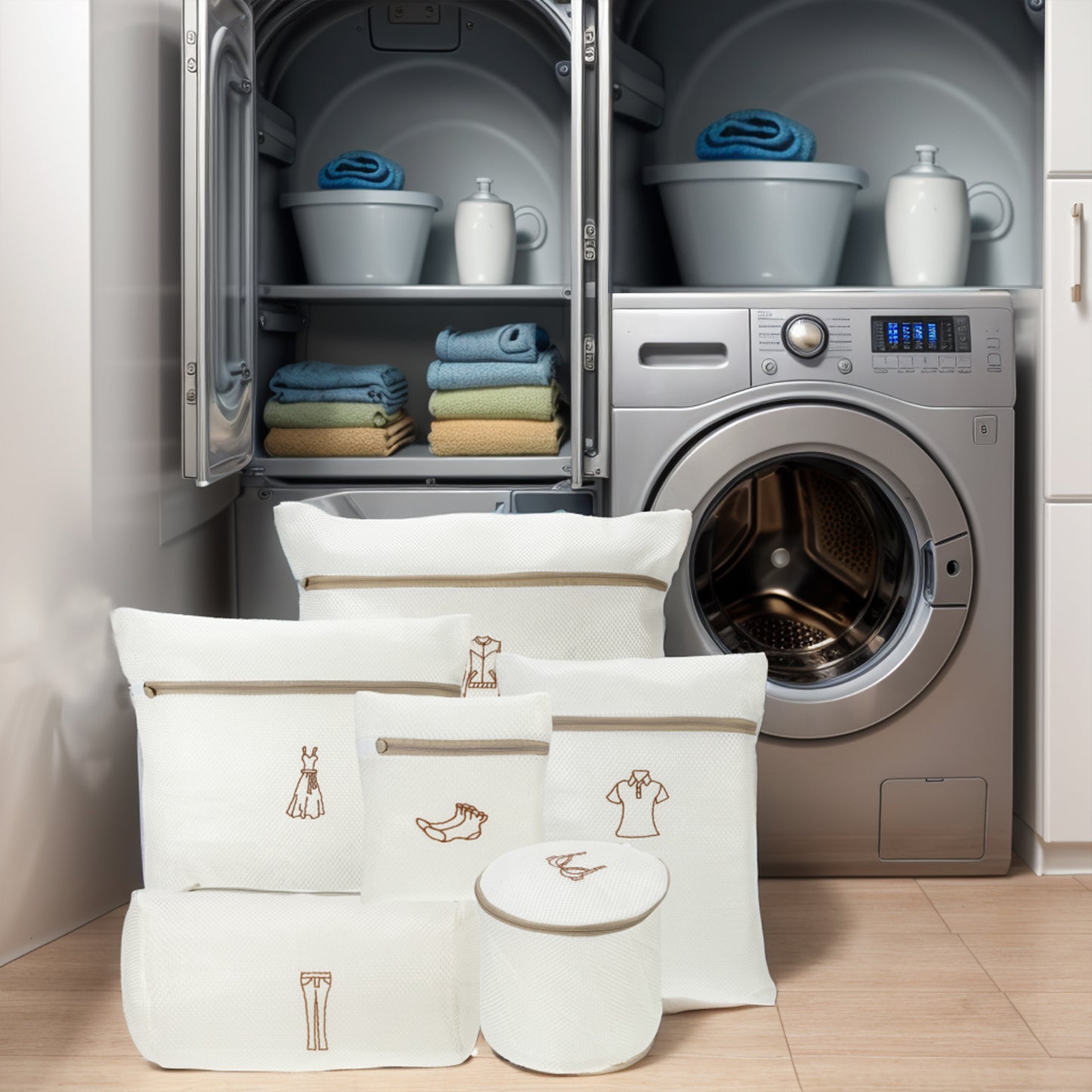 6 Pcs Set Folding Portable Laundry Bag for Laundry Bathroom 23.62"x19.69" Beige