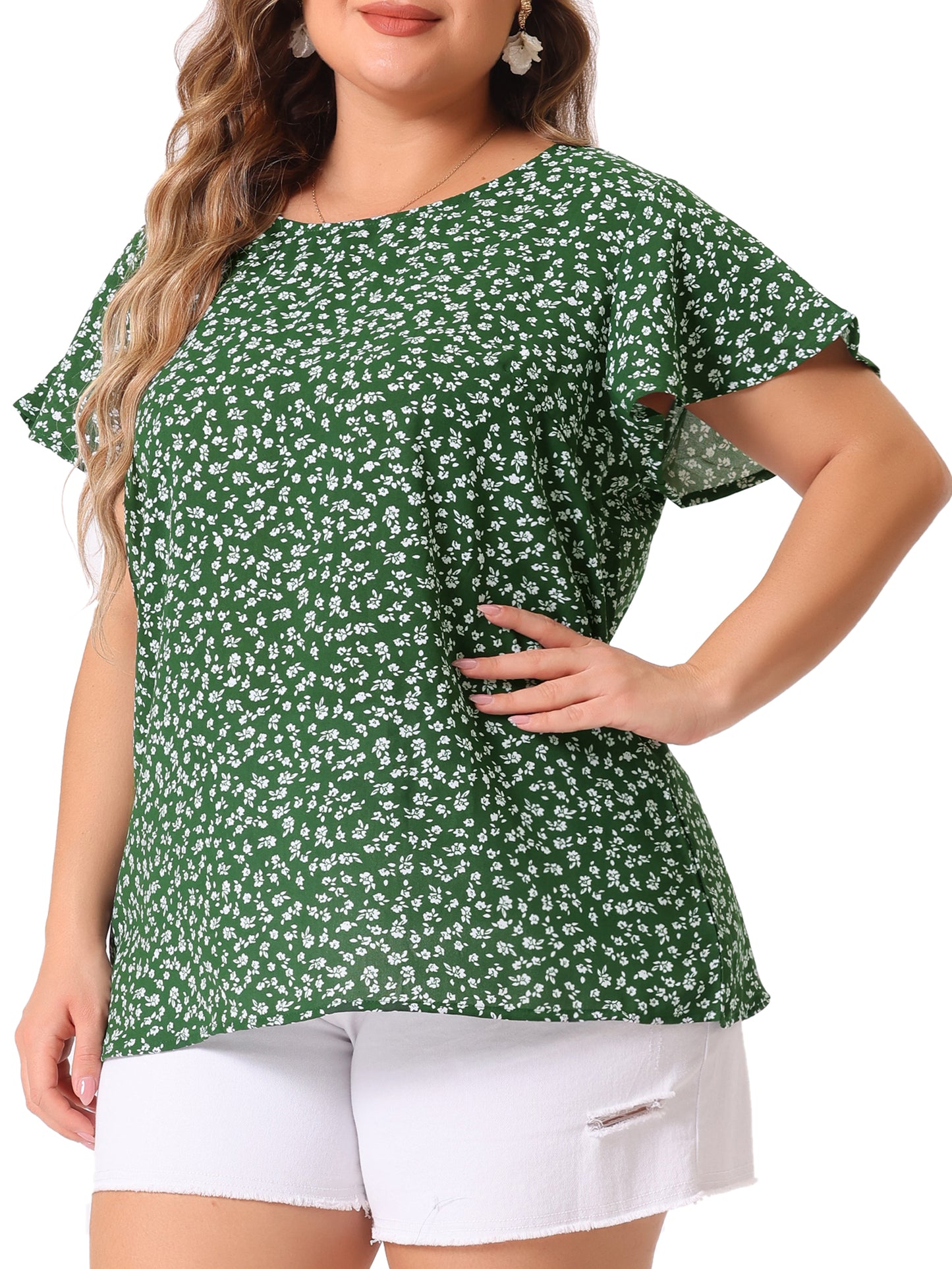Women Plus Size Blouse Flare Sleeve Floral Print Peplum Top