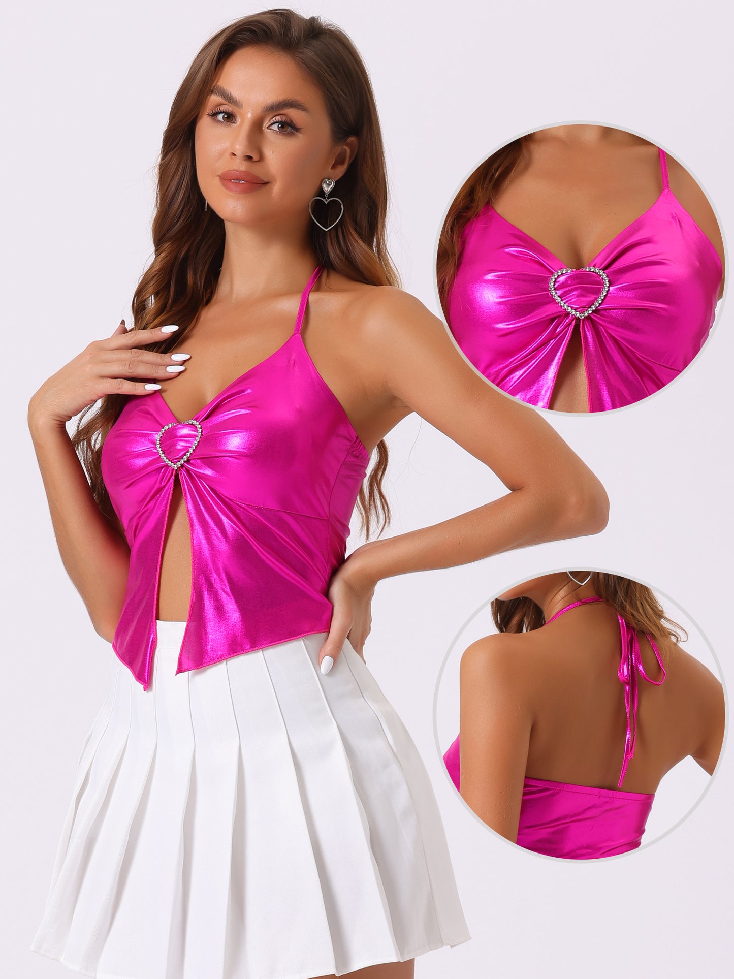 Women's Metallic Backless Cami Asymmetrical Spaghetti Straps Halter Sparkle Top