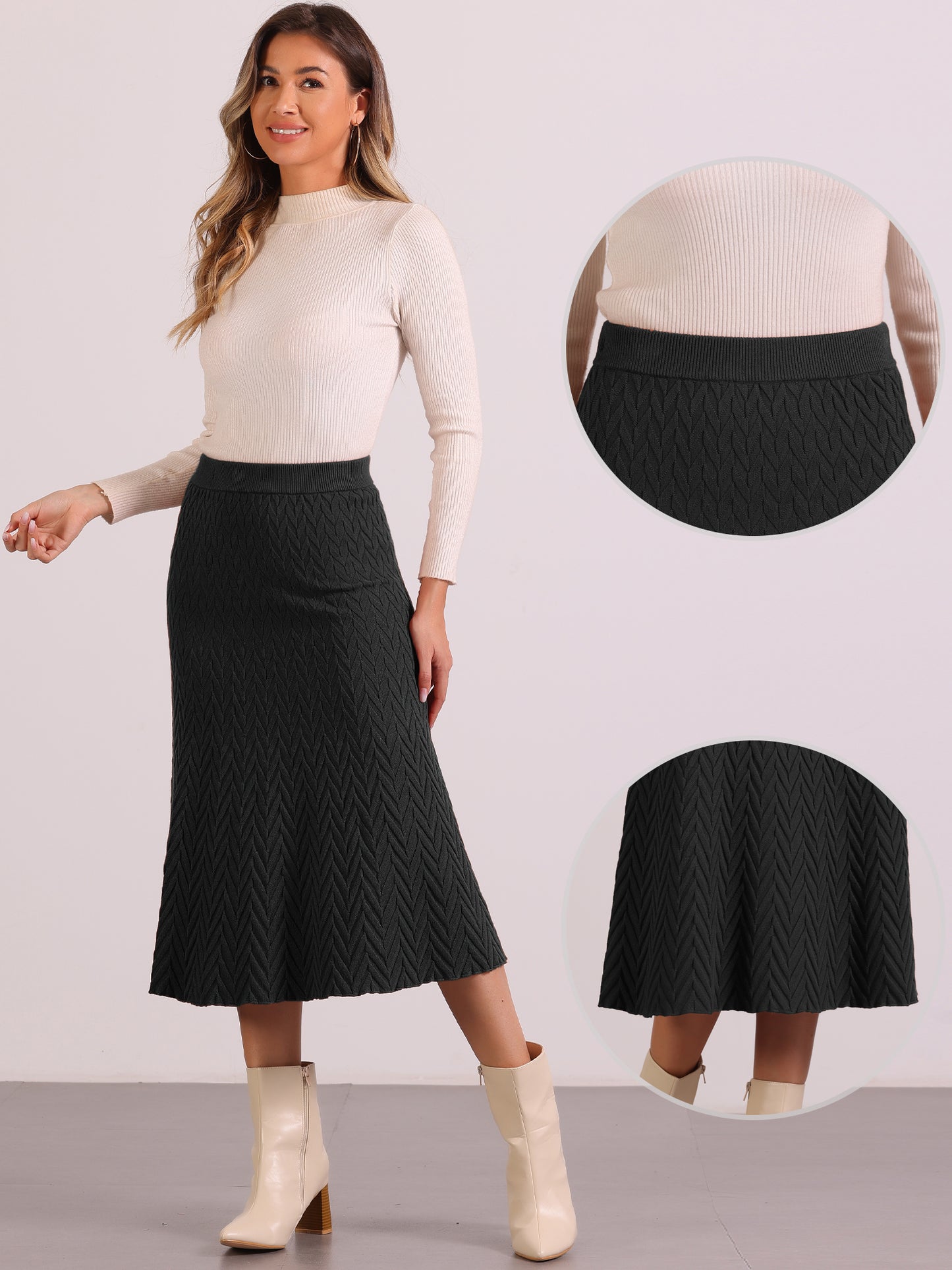 Women's Sweater Skirt High Waist Fall Stretchy Fishtail Cable Knit Midi Skirts