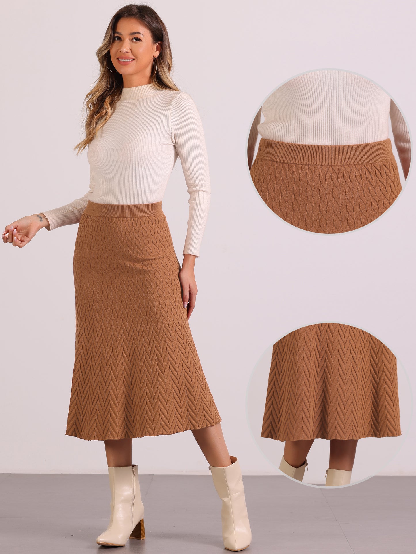 Women's Sweater Skirt High Waist Fall Stretchy Fishtail Cable Knit Midi Skirts