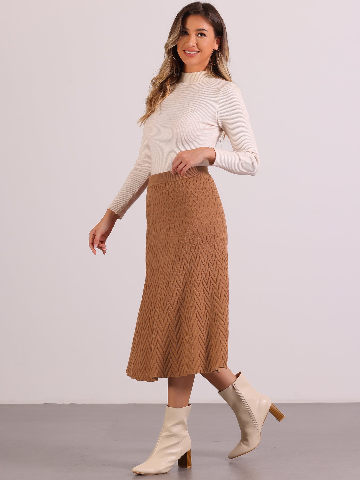 Women's Sweater Skirt High Waist Fall Stretchy Fishtail Cable Knit Midi Skirts