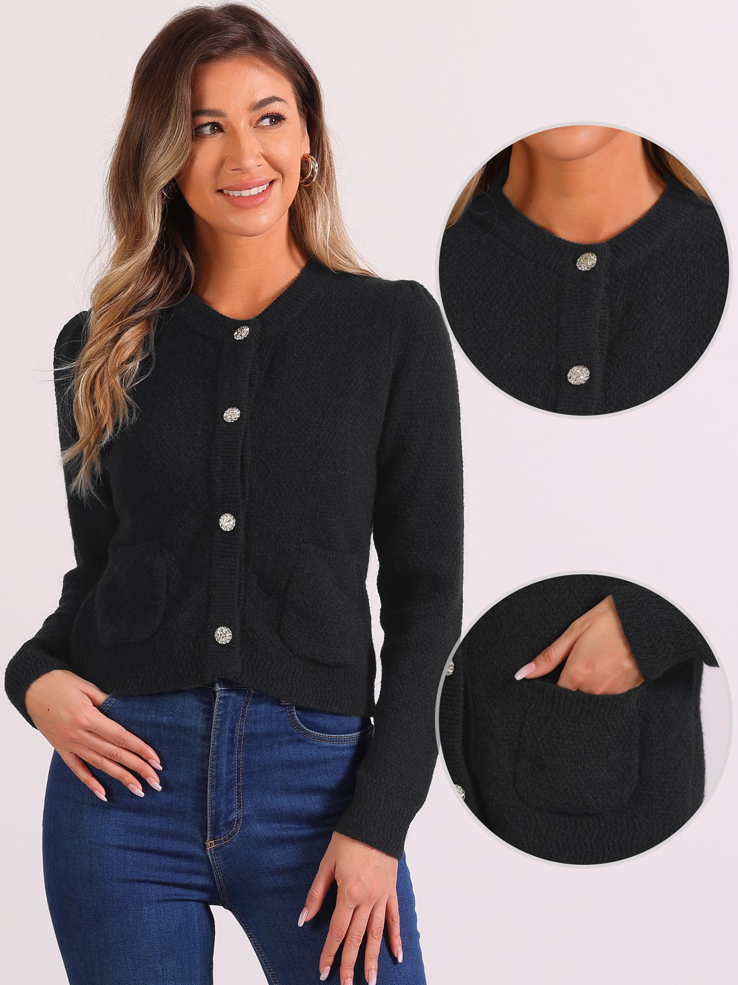 Cárdigan de punto con cuello redondo y bolsillos para mujer, cárdigan con botones