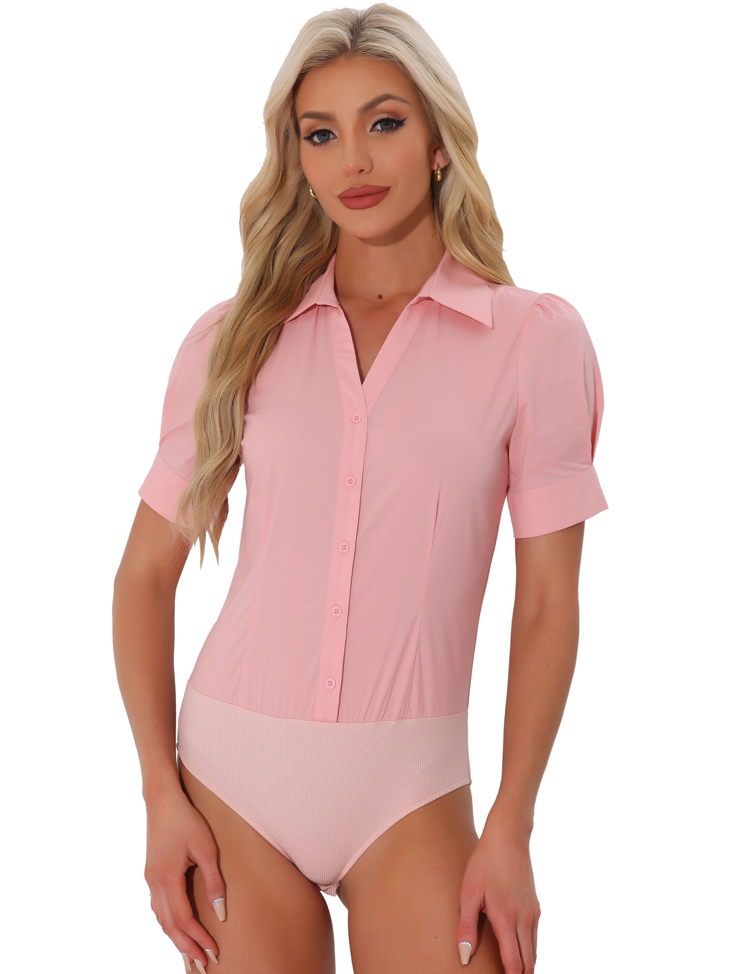 Women's Button Down Leotard Shirt Short Sleeve Collared Business Work Bodysuit Top