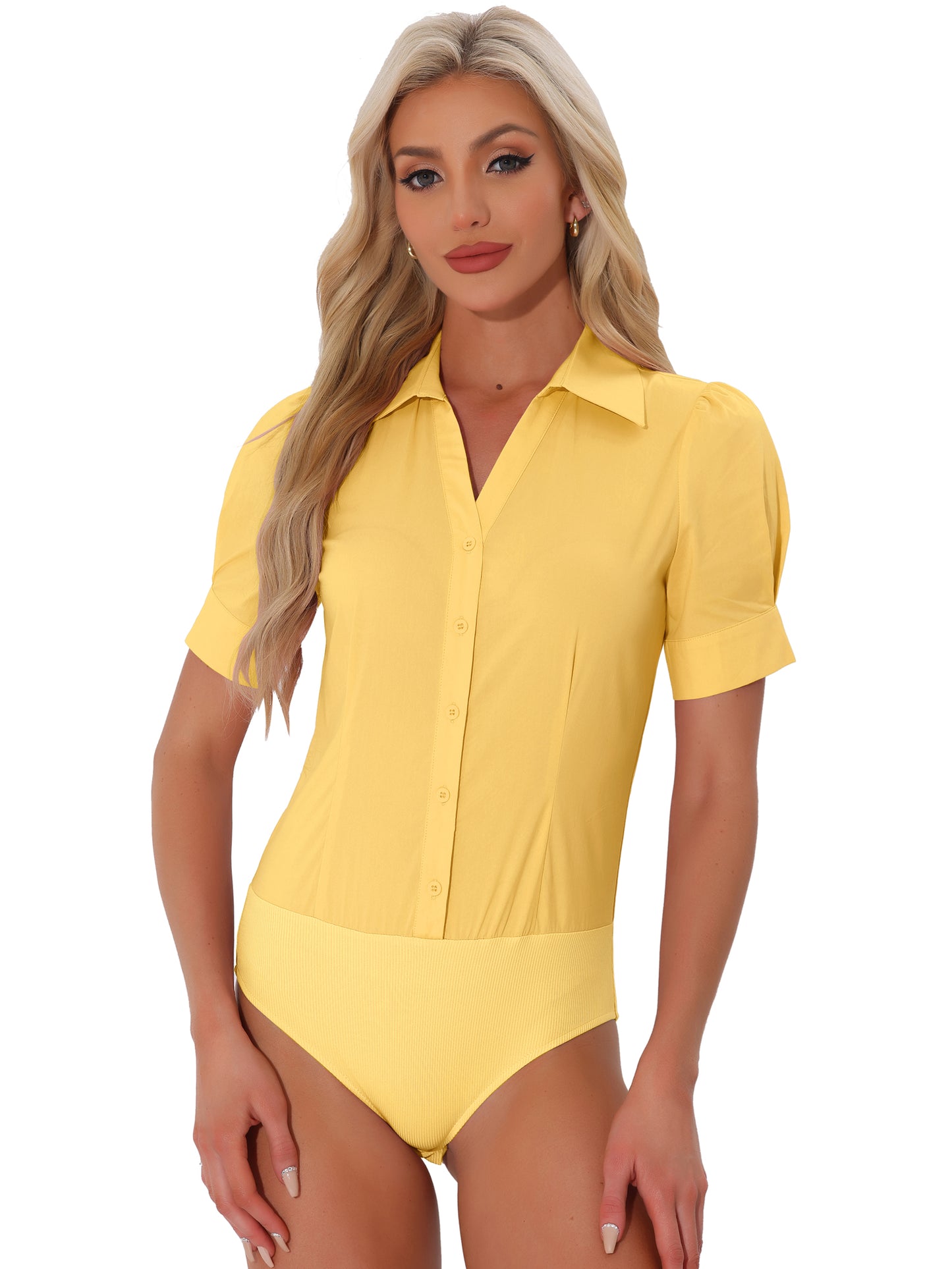 Women's Button Down Leotard Shirt Short Sleeve Collared Business Work Bodysuit Top