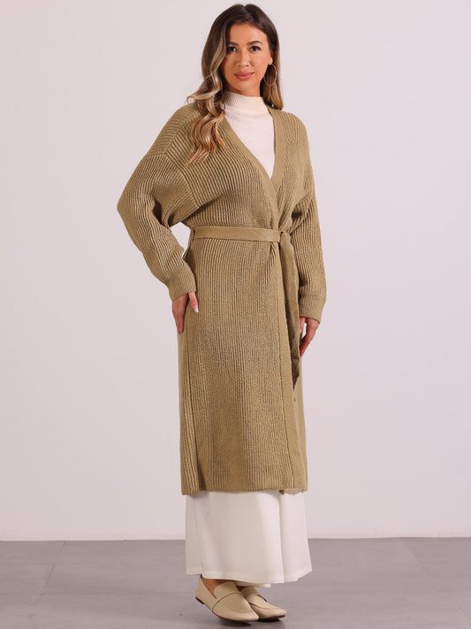 Suéter de mezcla de lana de invierno para mujer, abrigo de manga larga con cinturón y cárdigan largo