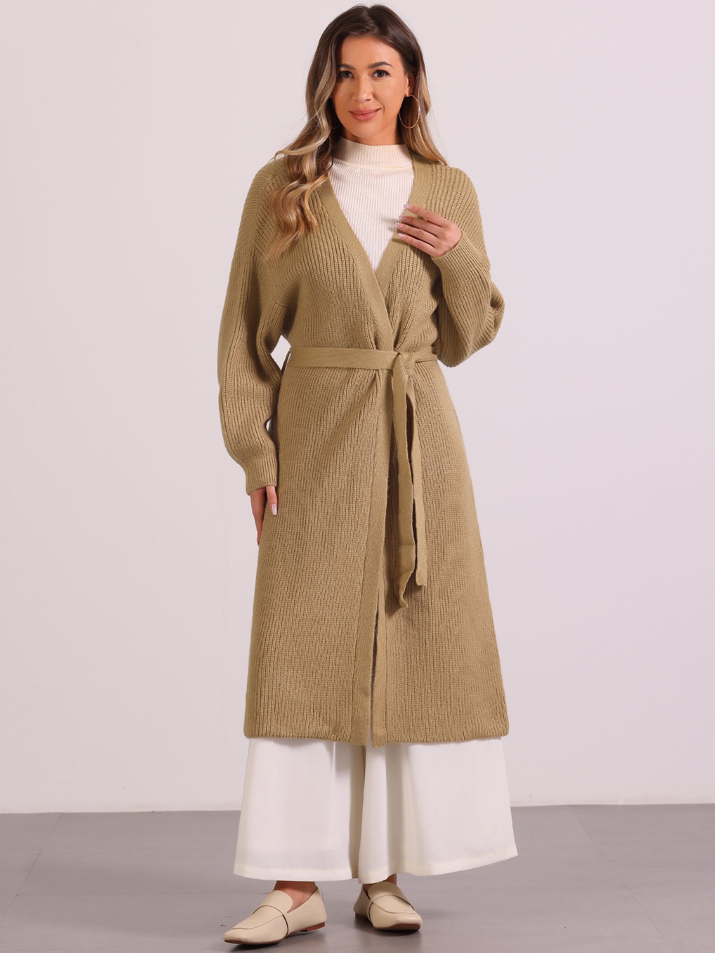 Suéter de mezcla de lana de invierno para mujer, abrigo de manga larga con cinturón y cárdigan largo