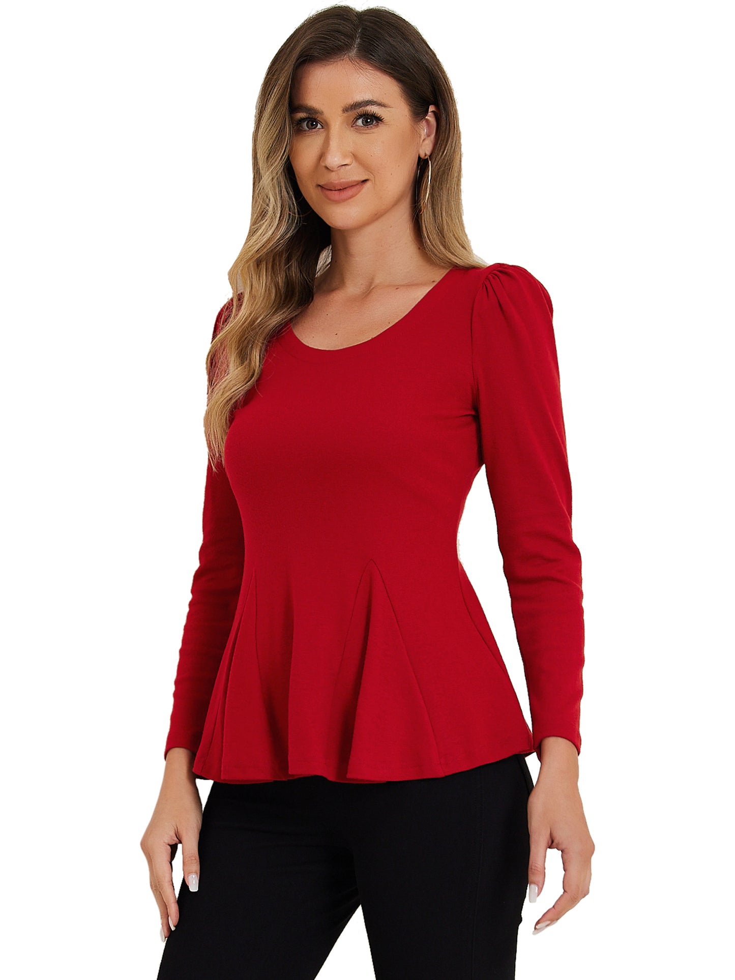 Women's Ruffled Hem Long Sleeve Scoop Neck Casual Peplum Shirt