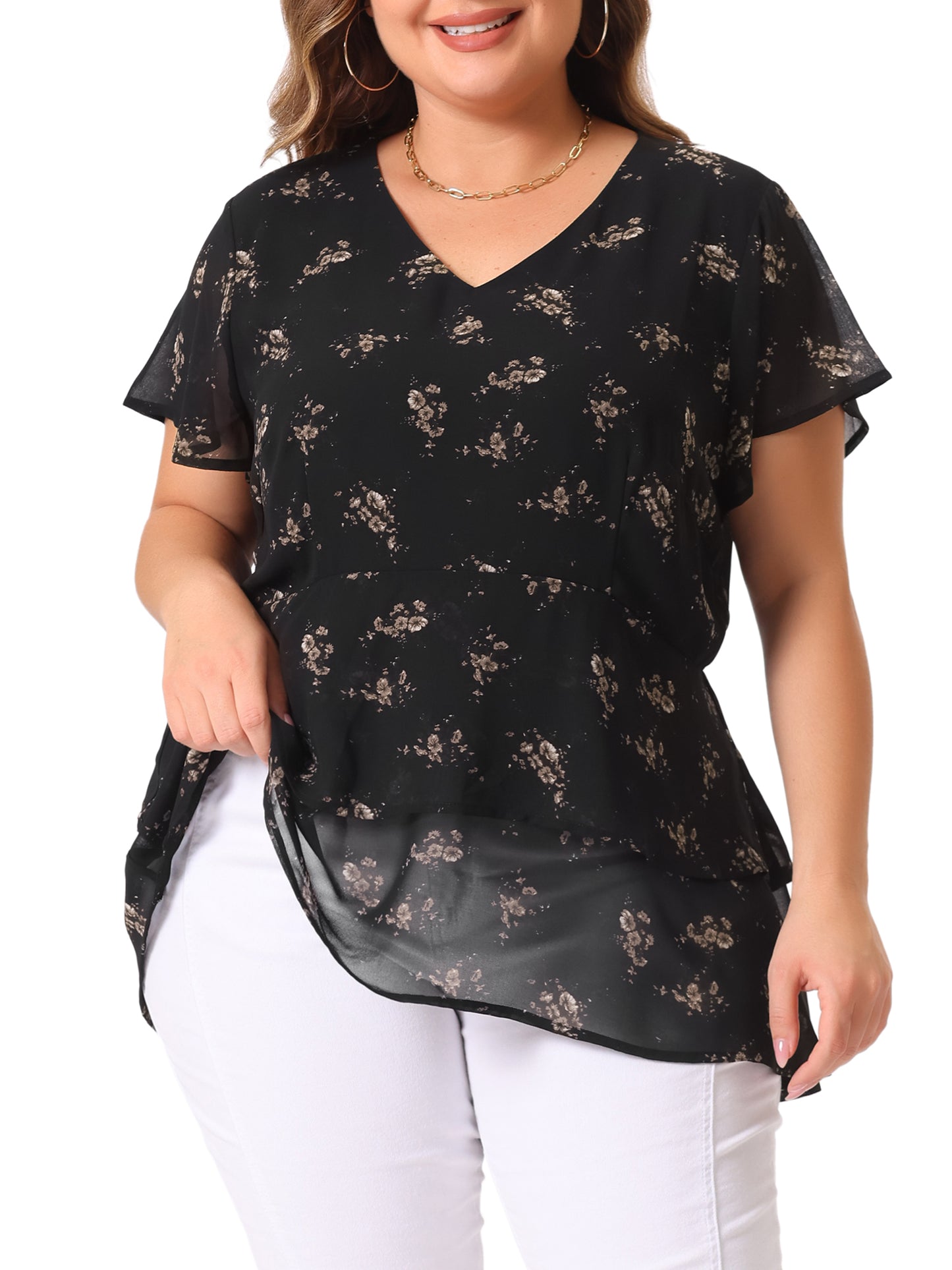 Women Plus Size Summe Tops V Neck Short Sleeve layered Floral Blouse