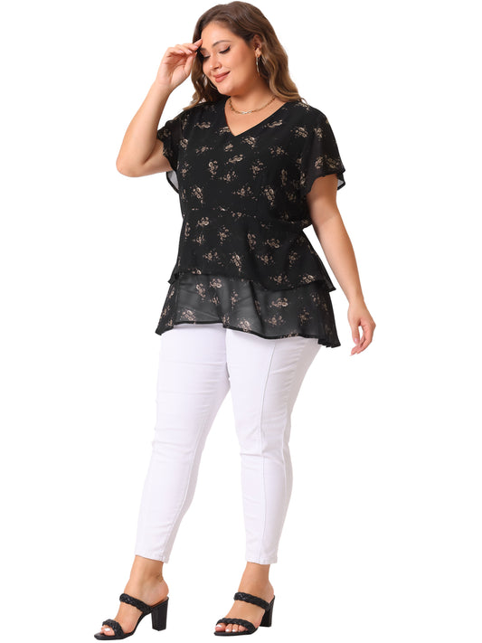 Women Plus Size Summe Tops V Neck Short Sleeve layered Floral Blouse