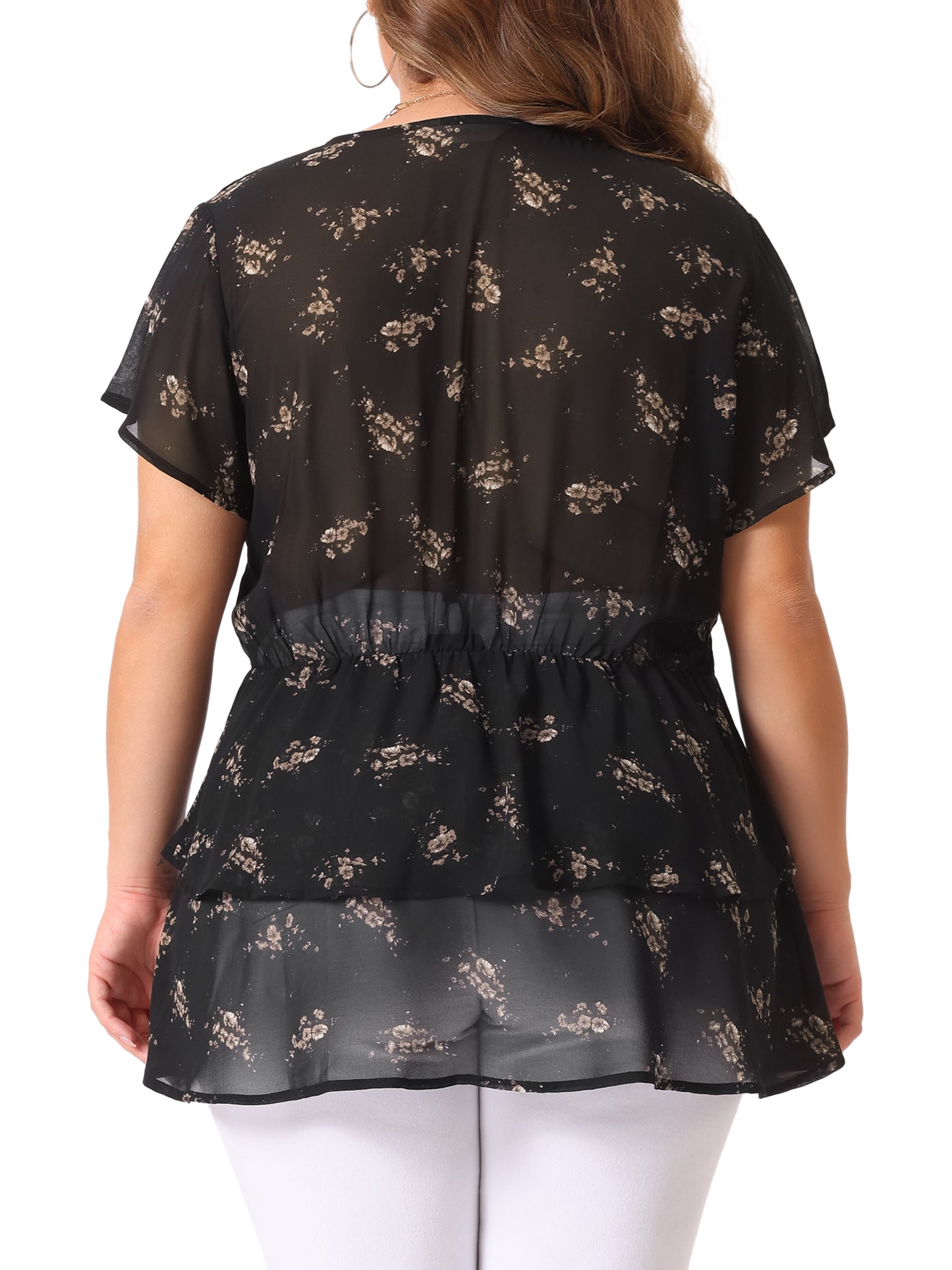 Women Plus Size Summe Tops V Neck Short Sleeve layered Floral Blouse