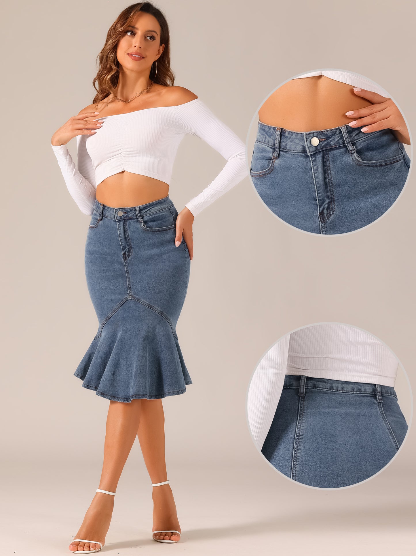 Women's Denim Jean Skirt High Waist Bodycon Ruffles Fishtail Skirt